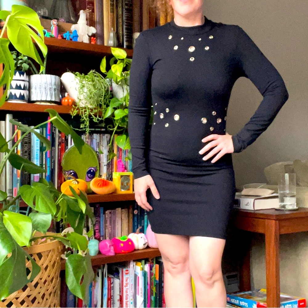 Aqua black rivet neck and waist body con dress